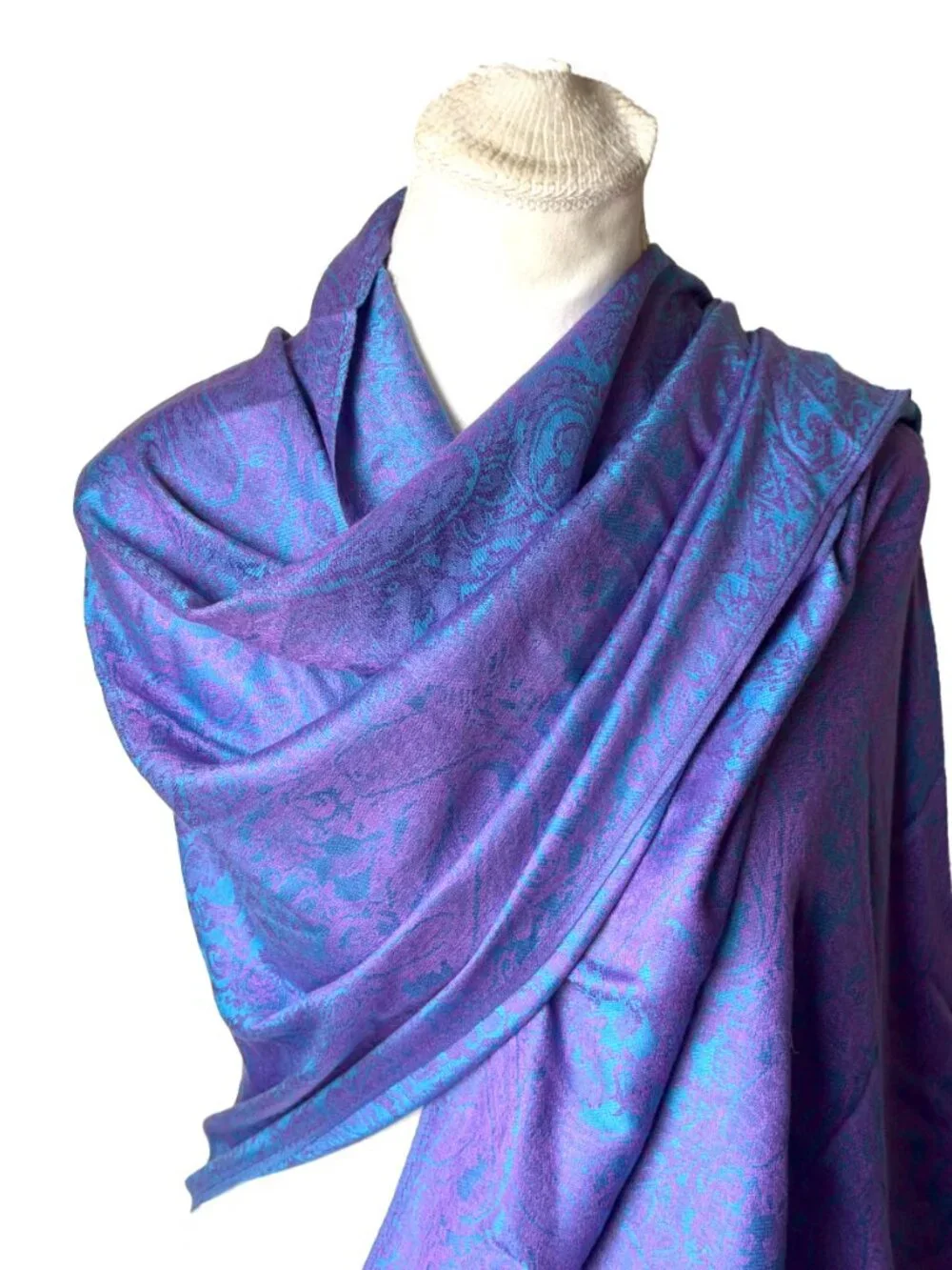 Boho Paisley Pashmina Shawl Scarf – Vibrant Purple & Turquoise Blue – Oversized